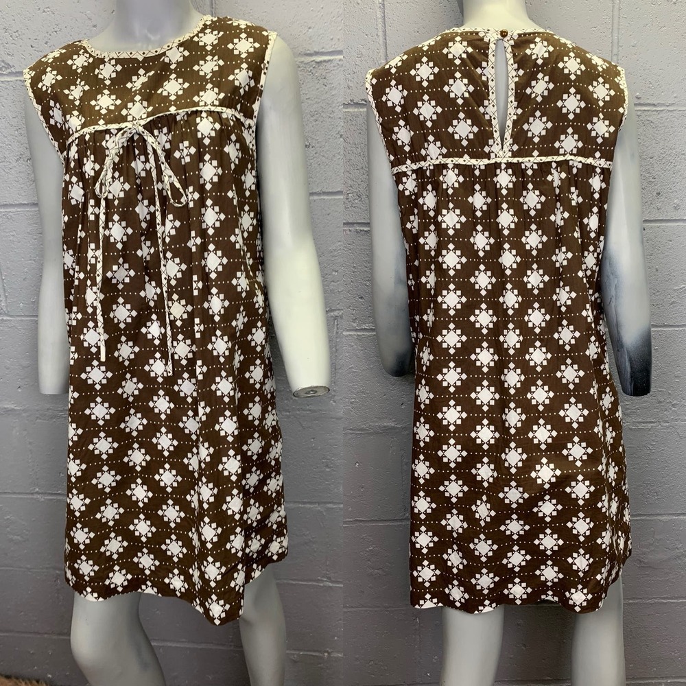 Vtg 70s Milly of New York Brown White Geometric Mini Dress Keyhole Back Bow SM